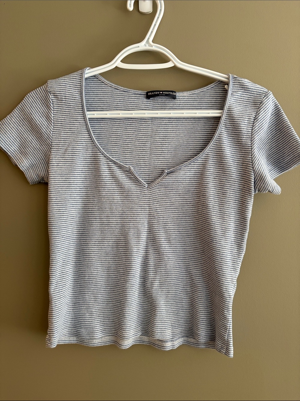 Brandy Melville Gray and White Striped V-Notch Scoop Tee